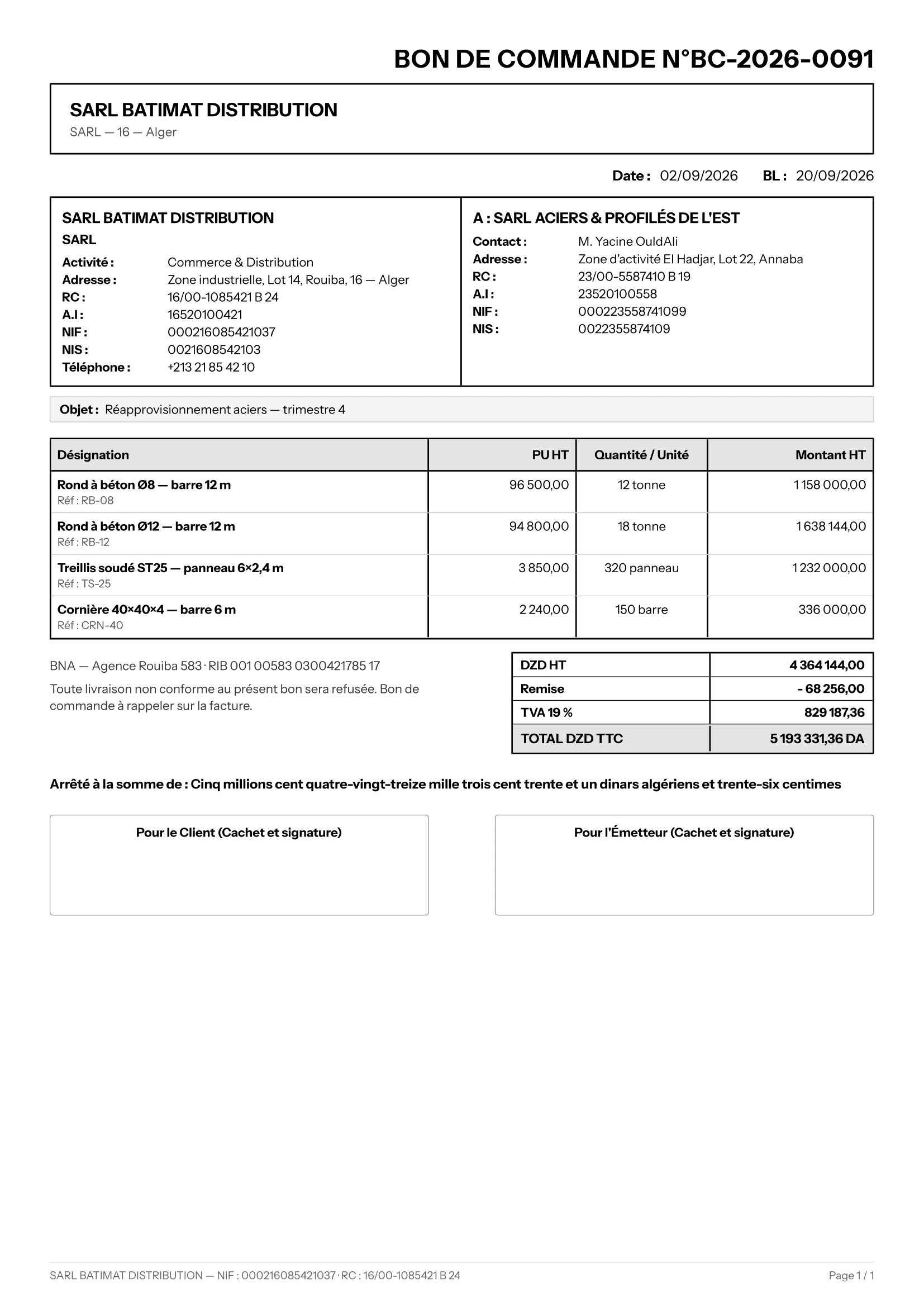 Exemple de bon de commande généré par Fakto